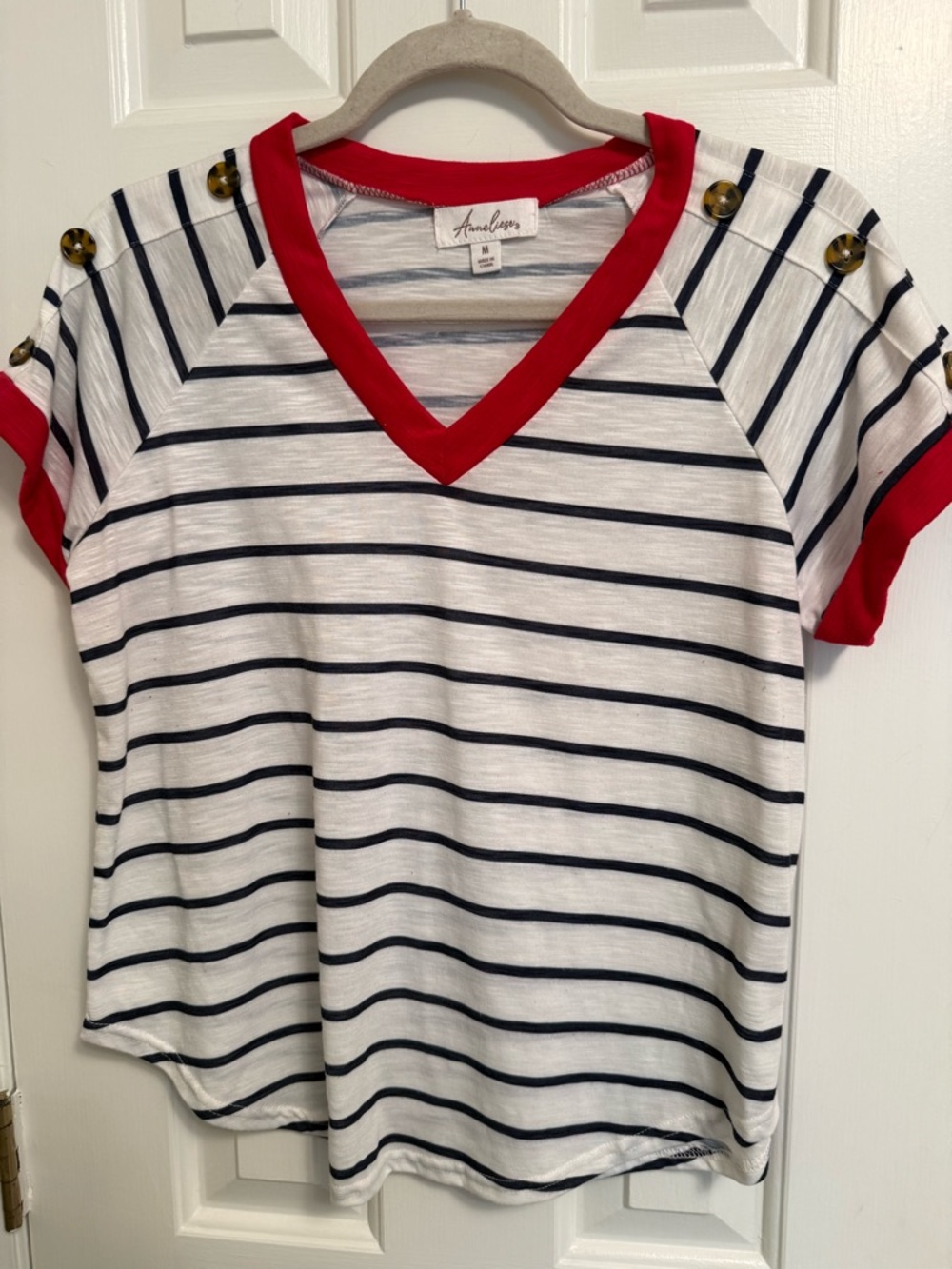 Annabelle White Navy Striped Short Sleeve Tee with Red Trim